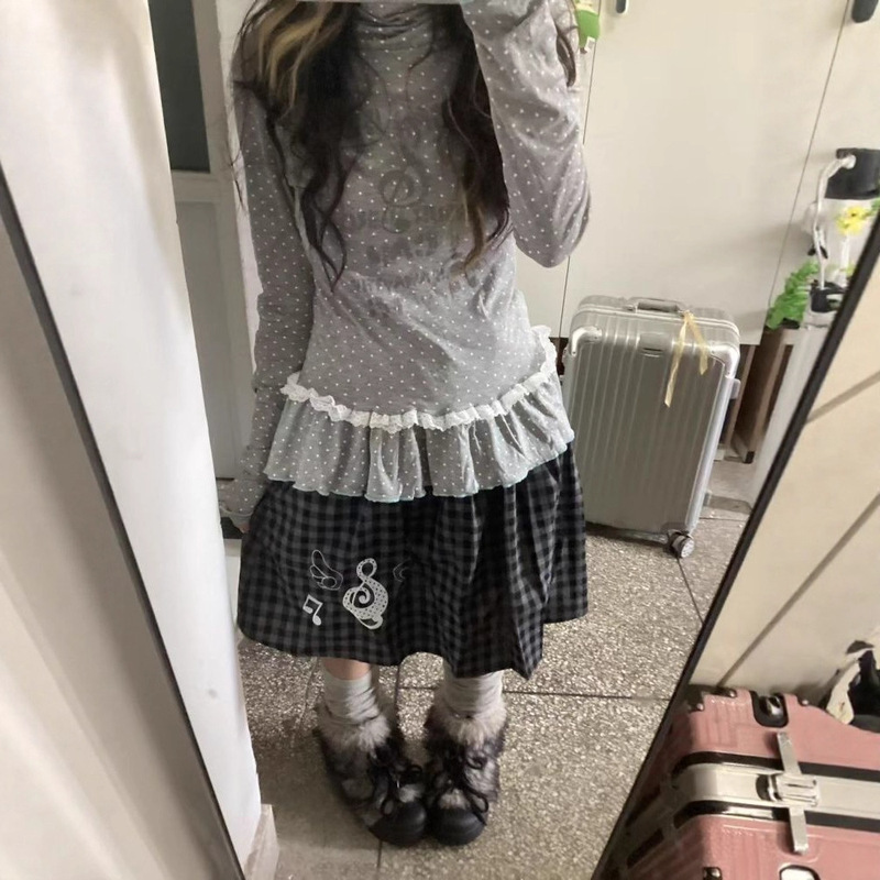 Korean-Style Polka Dot Lace Long-Sleeve T-Shirt for Women, Autumn New Design, Niche Slim-Fit, Layered Collar Top, Ins