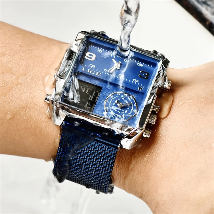 LIGE 8925SS nuevo cinturón de malla placa cuadrada doble pantalla personalidad creativa electrónica de cuarzo reloj de hombre fresco