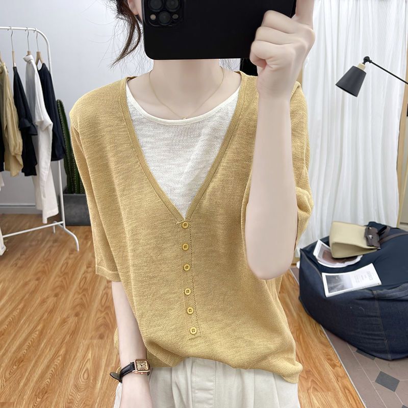 Summer Ice Silk V-neck Fake Two-piece Short-sleeved Knitted Sweater Women's 2024 Korean Style Loose Age-reducing Top Pullover Air-conditioning Shirt