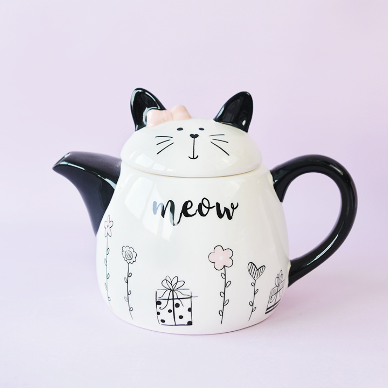Francés romántico lindo gato de dibujos animados europeo y americano blanco negro cerámica tetera regalo casa conjunto té Decoración