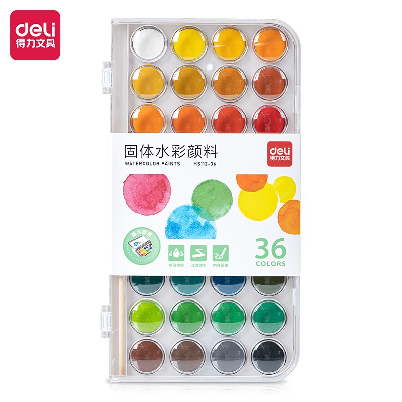 Deli Hs112 Solid Watercolor Paint Set Painting Tools for Students and Children, Washable