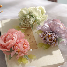 牡丹绢花发簪子发夹古风珍珠花朵小发钗温柔汉服配饰粉嫩浅色日常