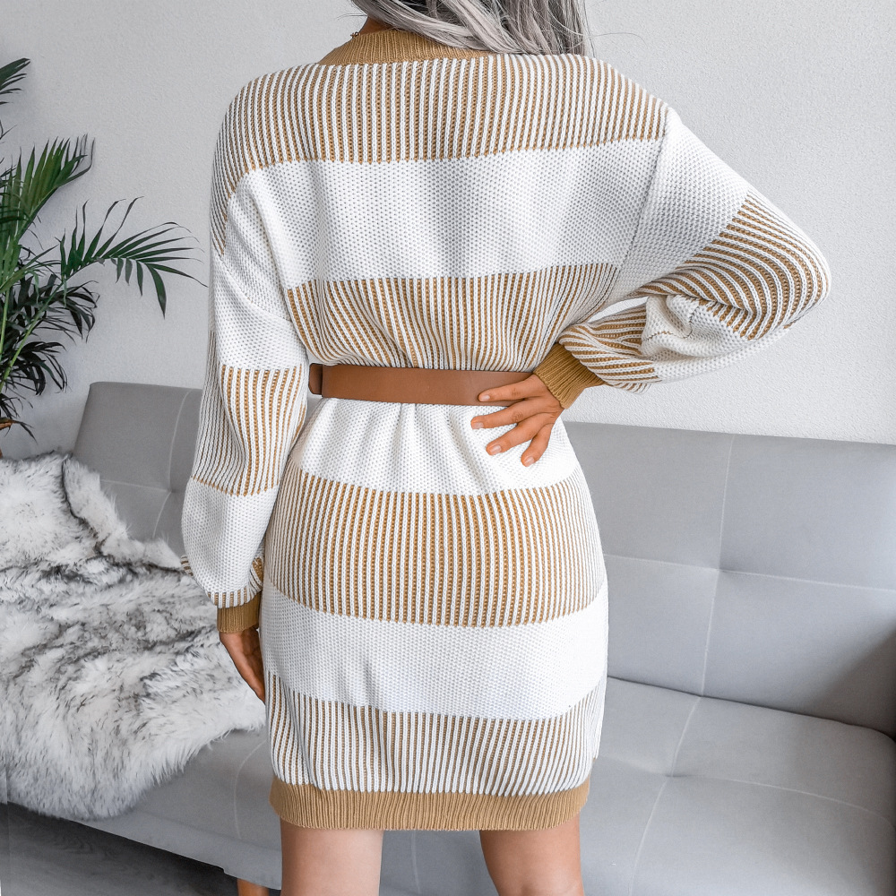 Stripes Casual Loose Sweater Dress Without Belt NSBJ98880