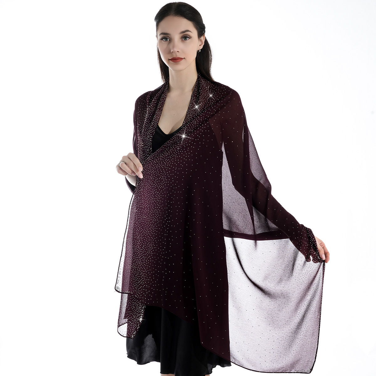 Hot Selling New Solid Color Chiffon Starry Sky Hot Stamping Exquisite And Elegant Banquet Style Extended Version Of High-end Women's Shawl_voghion.com