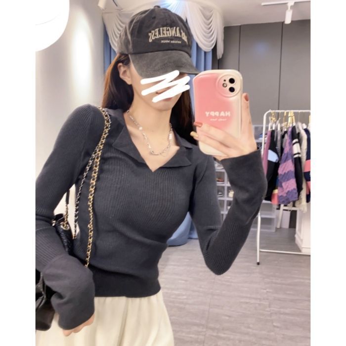 法式Polo领长袖针织衫女秋装设计感纯欲毛衣打底衫欧货上衣ins潮|undefined