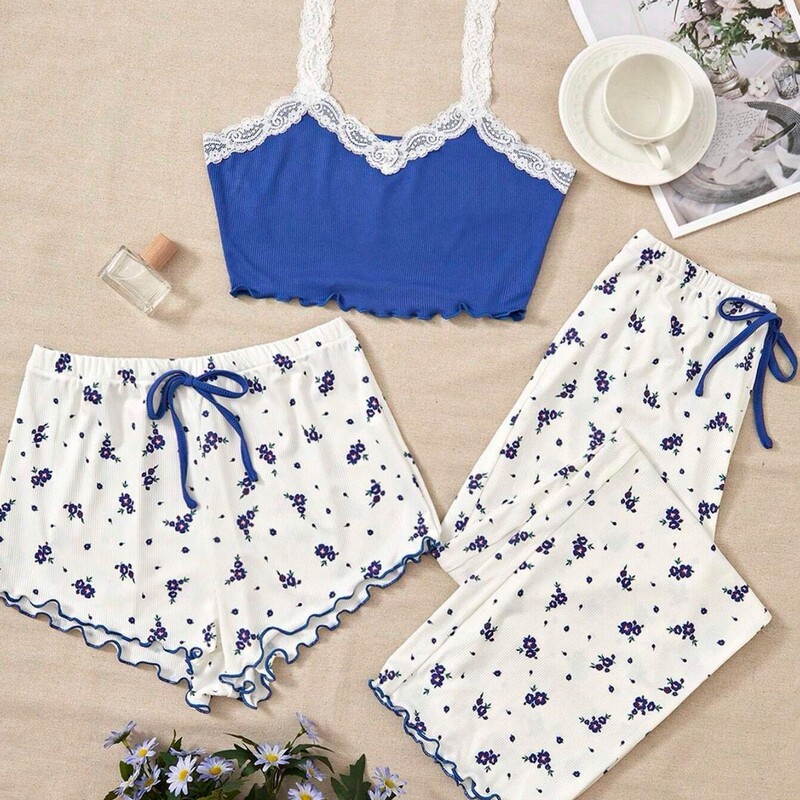 New Sexy Floral Pajamas Women's Set Summer Thin Long Pants Cute Loungewear Three-Piece Set for Outerwear Trendy Cross-Border New Sexy Floral Pajamas Women's Set Summer Thin Long Pants Cute Loungewear Three-Piece Set for Outerwear Trendy Cross-Border