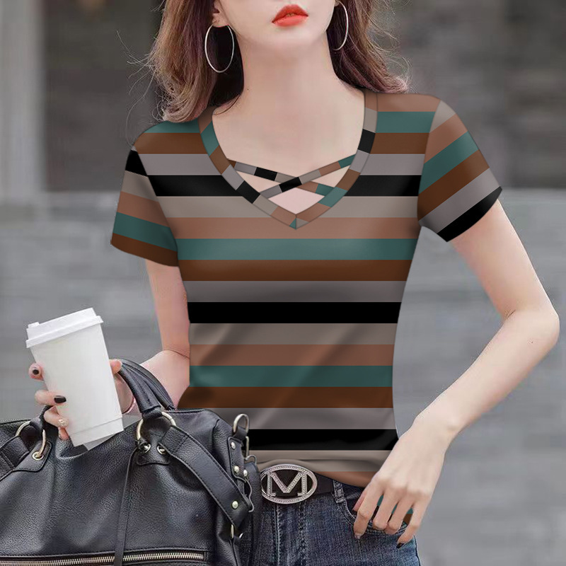 卸売 2025 新しい夏のホットスタイルの女性の T シャツ痩身お腹カバー V ネックファッション半袖ドロップシッピング|undefined