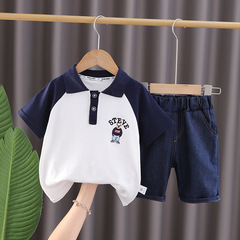 Summer New Boys' Short Sleeve Set Little Boys' Baby T-Shirt and Denim Shorts 2-Piece Set Wholesale