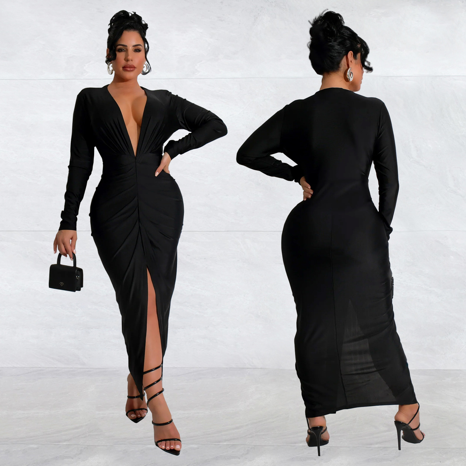C7118 Aliexpress transfronterizo amazon moda europea y americana de mujer delgada V-collar bifurcado vestido de color sólido nuevo
