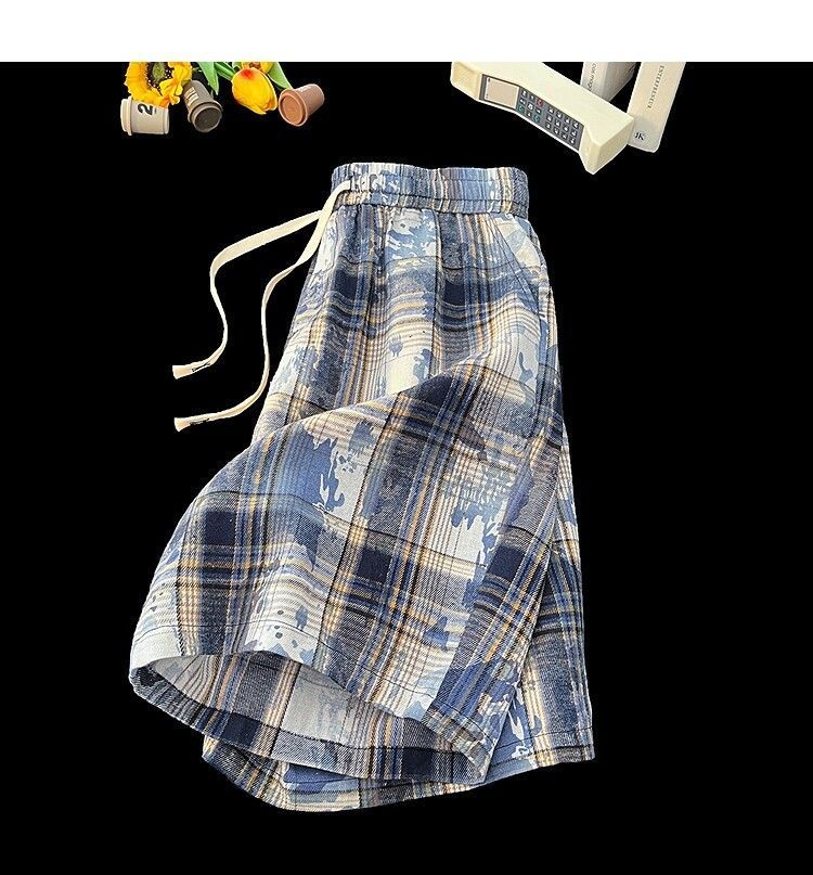 Men's And Women's Tie Dye Plaid High Waist Street Style Shorts Casual Retro Straight Five Point Beach Outerwear_viptrois.com