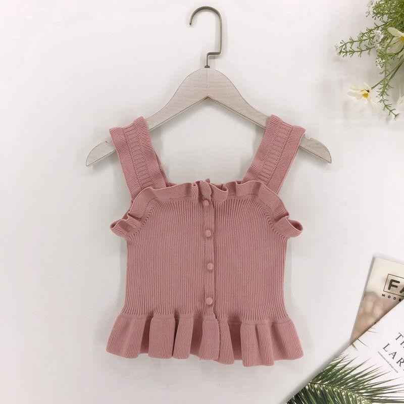 Girls' ruffled halter tank top summer new outerwear inner layer high-end knitted doll shirt sleeveless top 0158