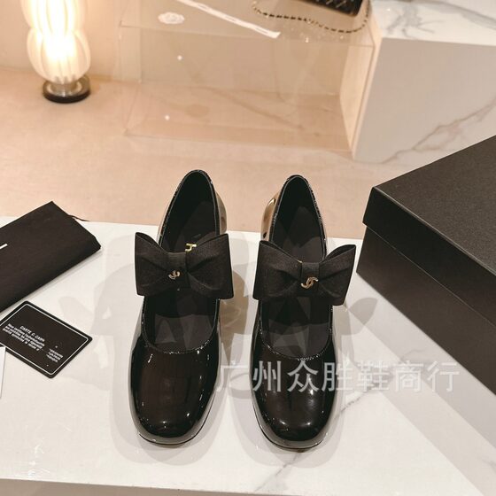 High version French single-layer shoes women's bow chunky heel high heels round toe leather shoes all-match Chanel style Mary Jane shoes