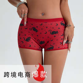 跨境薄款冰丝内裤小猫印花平角内裤舒适亲肤透气女士四角裤可定