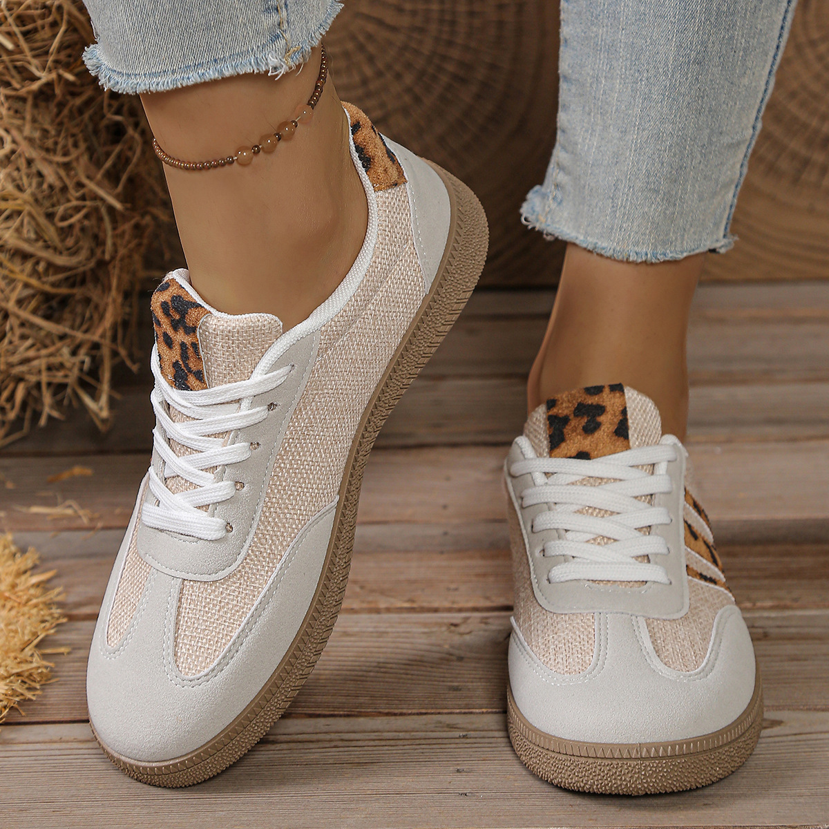 Plus Size Lace-Up Moral Training Shoes for Women in Spring and Autum Students Leopard Print Stitching Casual Versatile Soft Sole Shoes Sports Shoes Size 42