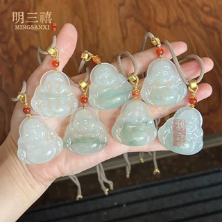 新疆天山翠玉石佛公吊坠大肚佛挂件飘花弥勒佛翡翠色飘花金丝玉