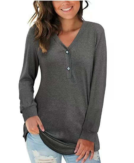 2024 Herbst grenzüberschreitendes neues Amazon eBay Langarm-T-Shirt-Oberteil mit V-Ausschnitt und Knopfdruck für Damen – Detail 12
