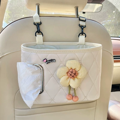 Hanging Bag, Car Tissue Box, Car storage bag/box - light-sunflower-beige-chair-back-storage-bucket-free-waterproof-bucket-1-roll-of-garbage-bag