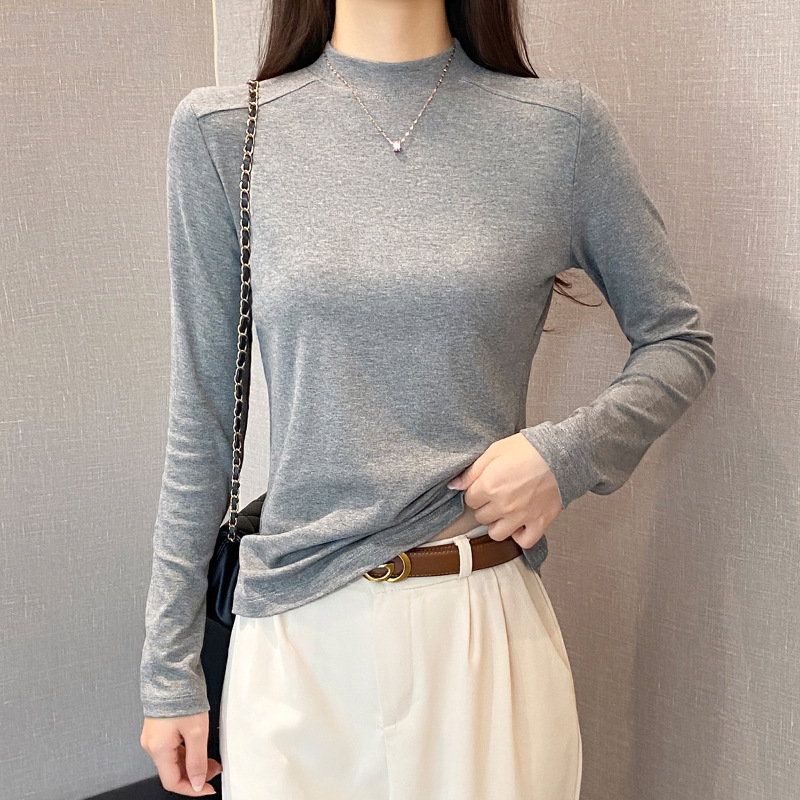 Half-High Collar Fishbone Long-Sleeve T-Shirt for Women, Spring and Autumn Inner Layer, Slim Fit, Round Neck, High Elasticity, Slimming Base Shirt, Korean Style Trendy Top Half-High Collar Fishbone Long-Sleeve T-Shirt for Women, Spring and Autumn Inner Layer, Slim Fit, Round Neck, High Elasticity, Slimming Base Shirt, Korean Style Trendy Top