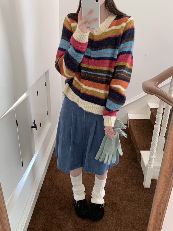 韩系减龄多巴胺彩条圆领毛衣开衫女文艺感休闲百搭针织衫外套上衣|undefined