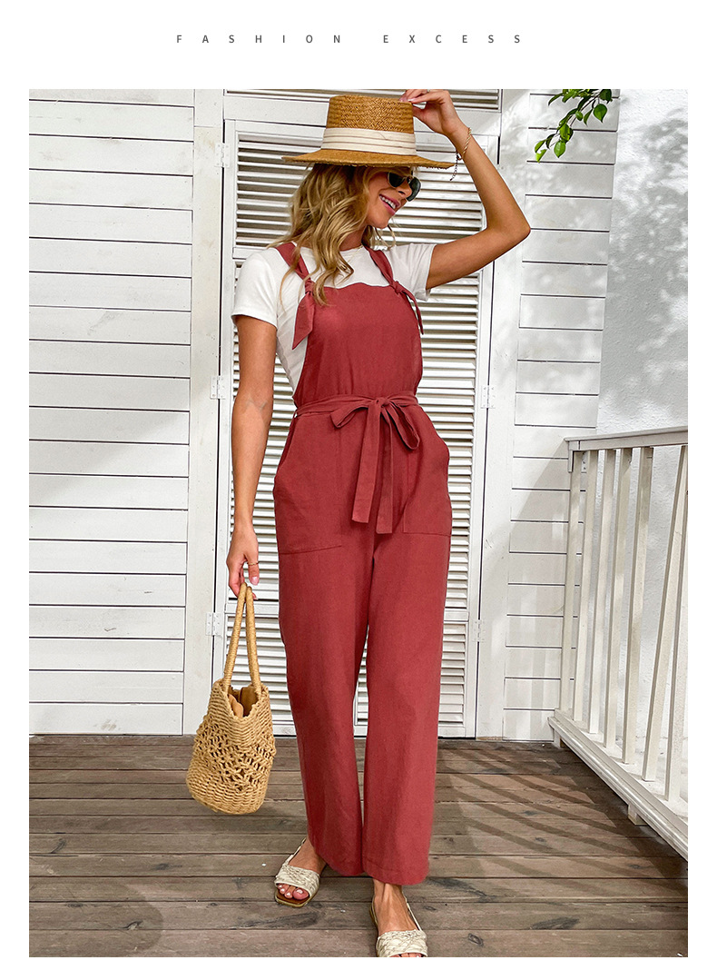 Red Retro Wide-leg High-waisted Slim Cotton and Linen Overalls_voghion.com