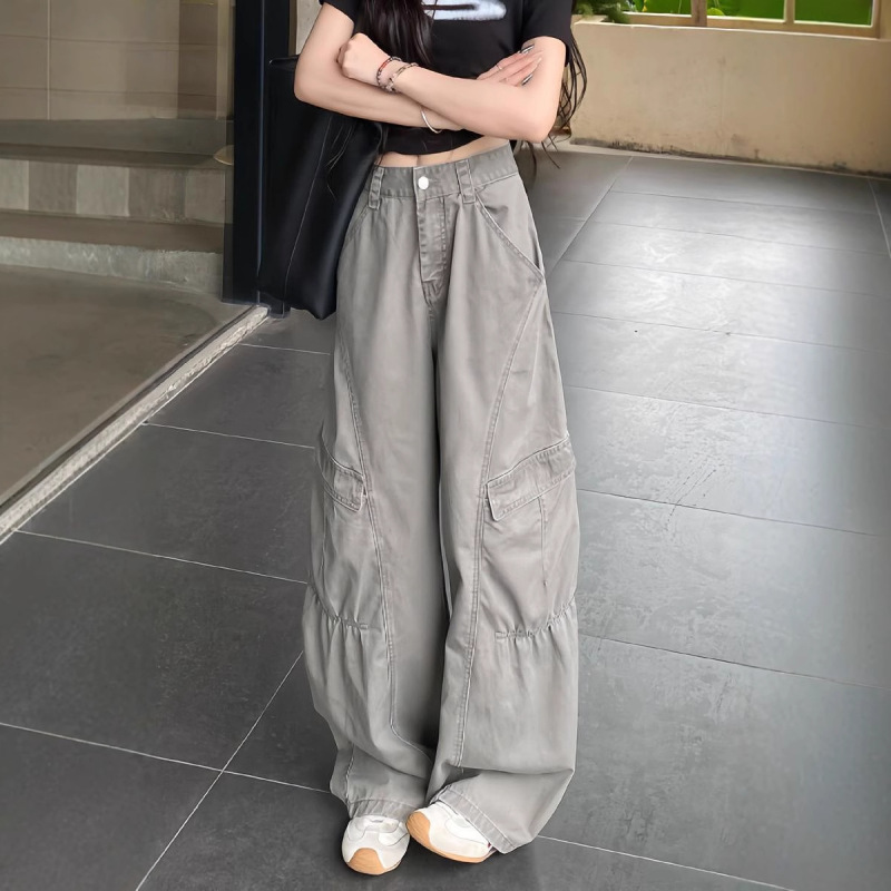 小个子美式复古灰色工装阔腿牛仔裤女高腰宽松显瘦直筒拖地长裤潮|undefined