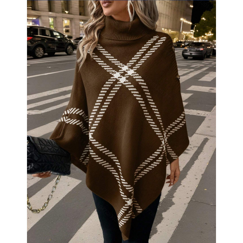 Exclusive for European and American markets: High-neck plaid knitted cape, vintage jacquard pullover shawl coat, autumn and winter women's clothing