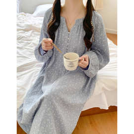 2025棉花边双层棉纱珍珠扣睡裙家居服女士韩版新款睡衣