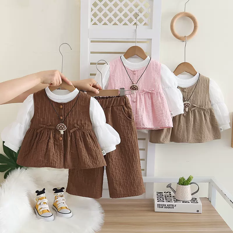 女童套装2025春秋新款宝宝衣服洋气婴儿童秋装蘑菇小马甲三件套潮