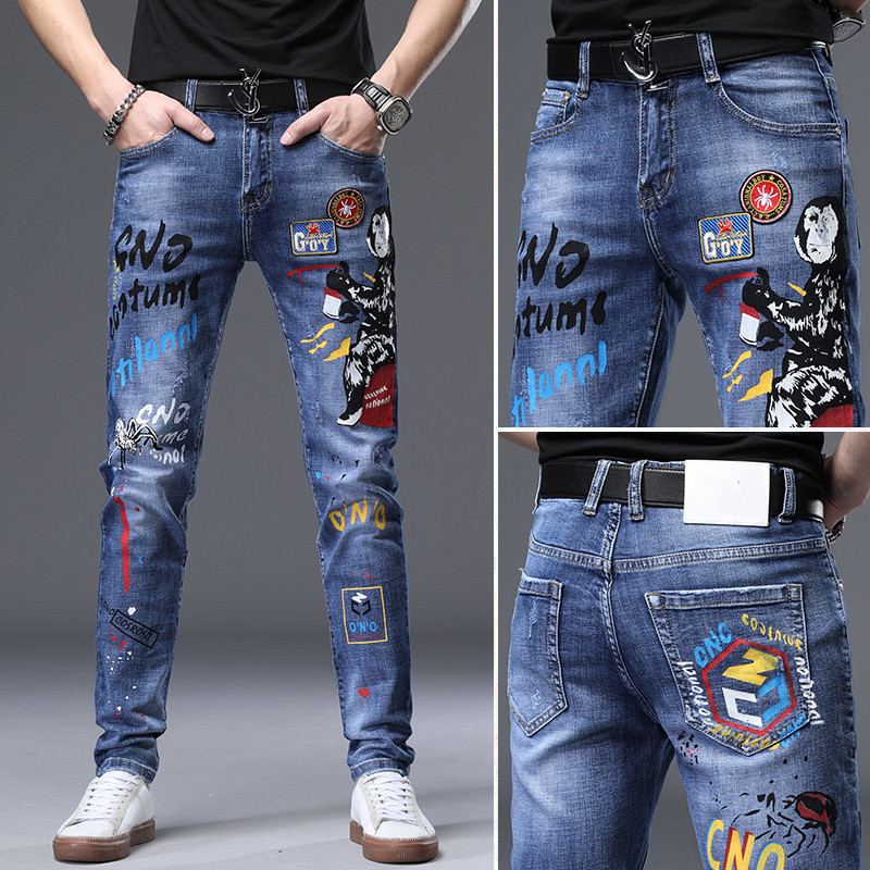 Autumn high-end graffiti print men's jeans, trendy brand, slim fit, stretchy skinny jeans, men's fashionable and versatile pencil pants