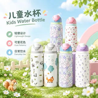 厂家批发卡通印花保温杯便携提环水杯学生可爱风不锈钢直饮杯