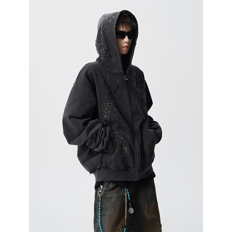 Autumn American-Style Rhinestone Cardigan Zipper Sweatshirt for Men, Trendy Brand with a High-End Feel, Cool and Stylish Short Loose Jacket for Men