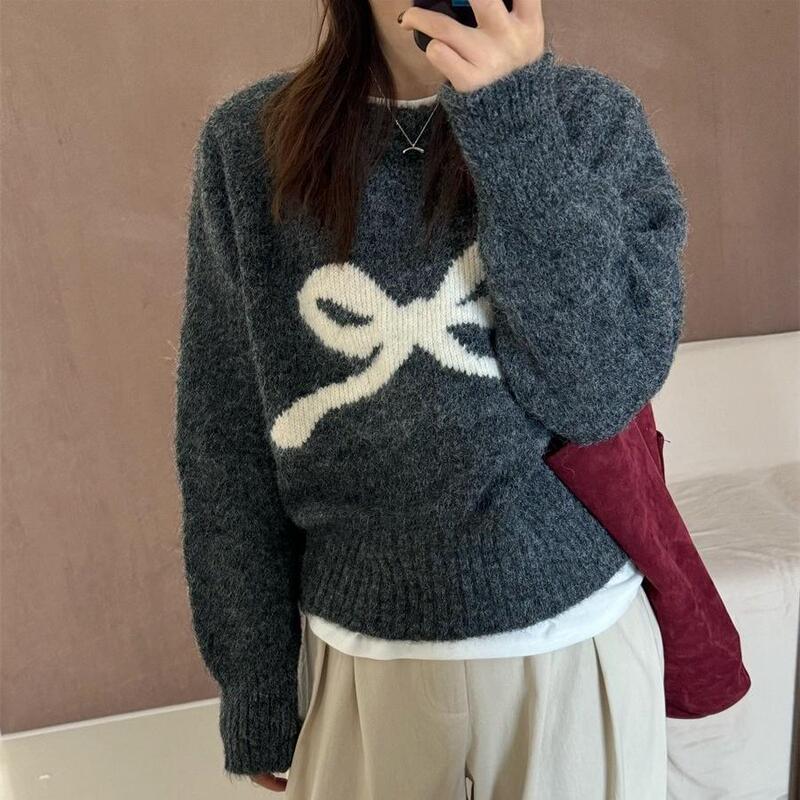 韩国东大门圆领温柔蝴蝶结套头毛衣女秋冬软糯慵懒百搭甜美针织衫|undefined