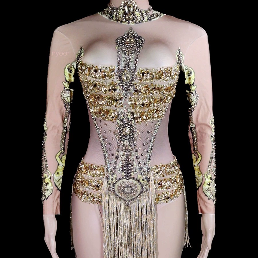 Певица танец сексуальный Блестящий горный хрусталь стрейч тонкий кисточкой золотой комбинезон производительность сценический костюм женский трансграничный