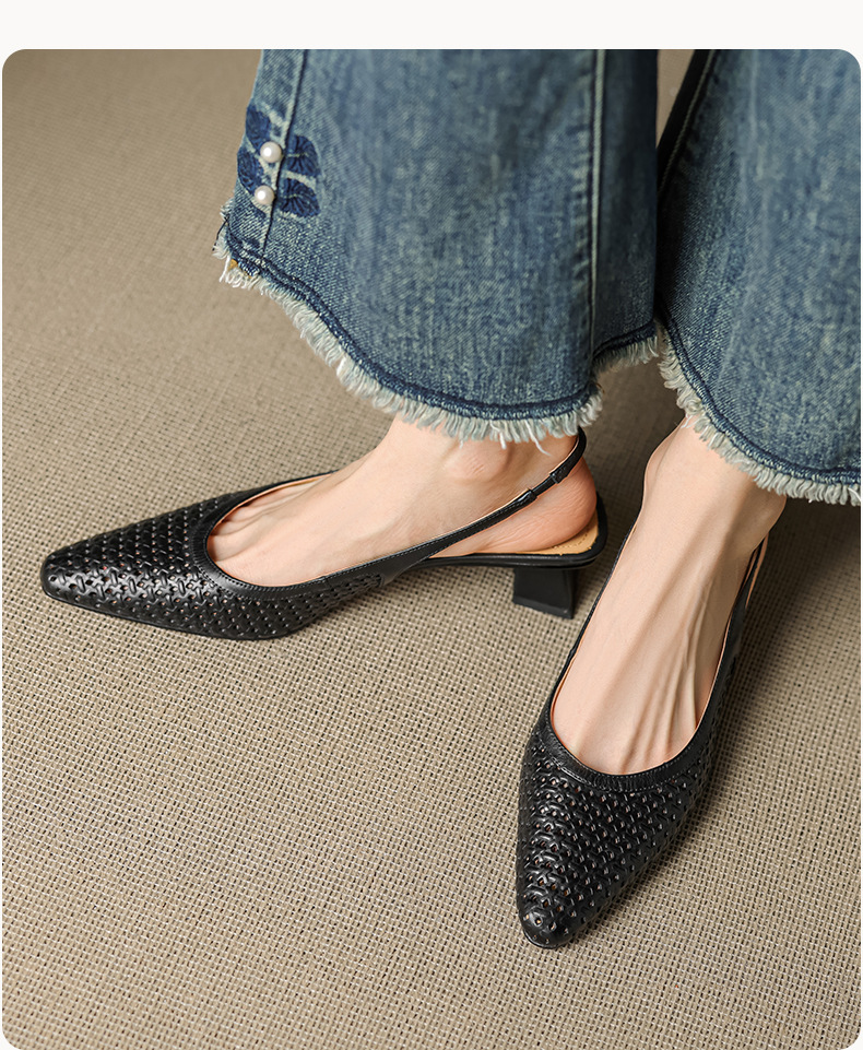 Sandal nữ da bò dệt mũi kín gót thô cao 6 cm phong cách công sở — đen chi tiết 17