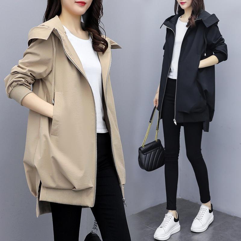 有里布2025春秋韩版卡其色宽松休闲连帽风衣女中长款黑色气质外套|undefined