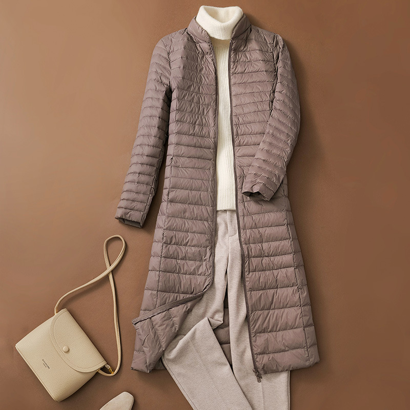 Pinghu Autumn and Winter New Lightweight down Jacket for Women, Long Style with Stand Collar, Over-The-Knee, Slim Fit, Plus Size, Cross-Border Pinghu Autumn and Winter New Lightweight down Jacket for Women, Long Style with Stand Collar, Over-The-Knee, Slim Fit, Plus Size, Cross-Border