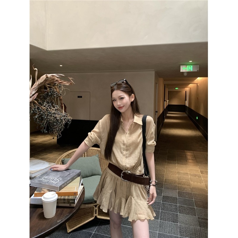 kumikumi センススリムラペル半袖シャツドレス女性の夏のレトロな気質プリーツスカートショートスカート|undefined