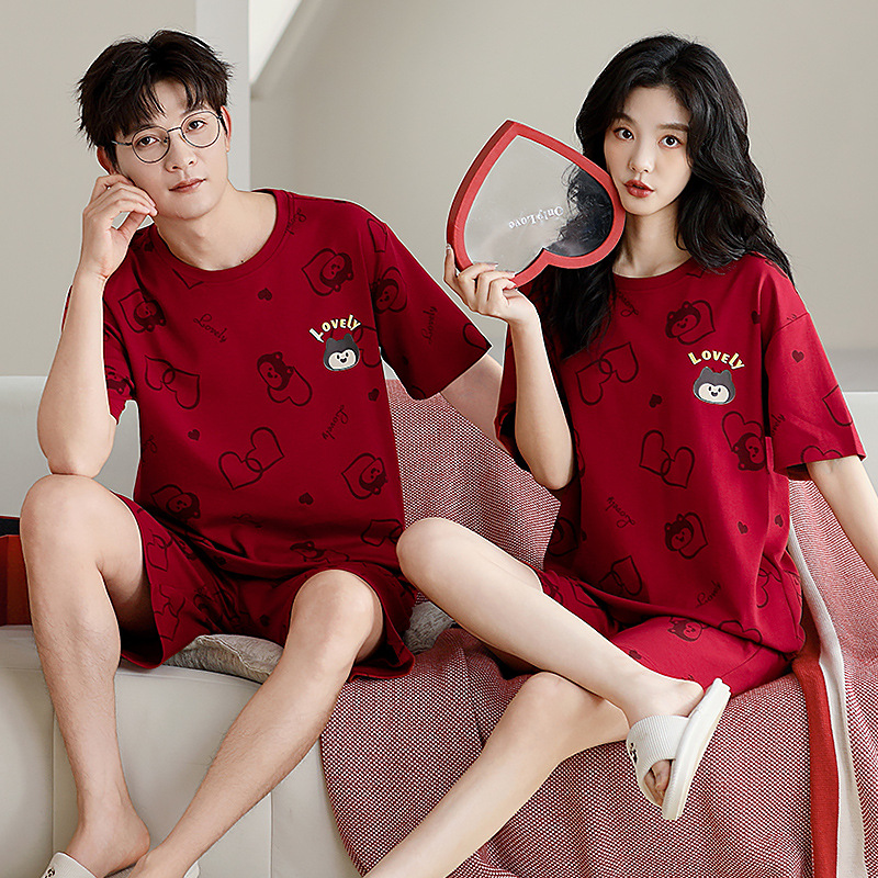 Summer Couple's Cotton Breathable Round Neck Pullover Pajamas Girl's Fun Cartoon Short Sleeve Shorts Two-Piece Outer Wear Set