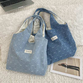 41191 牛仔蝴蝶结大容量背心包女学生装书手提包单肩大容量购物袋