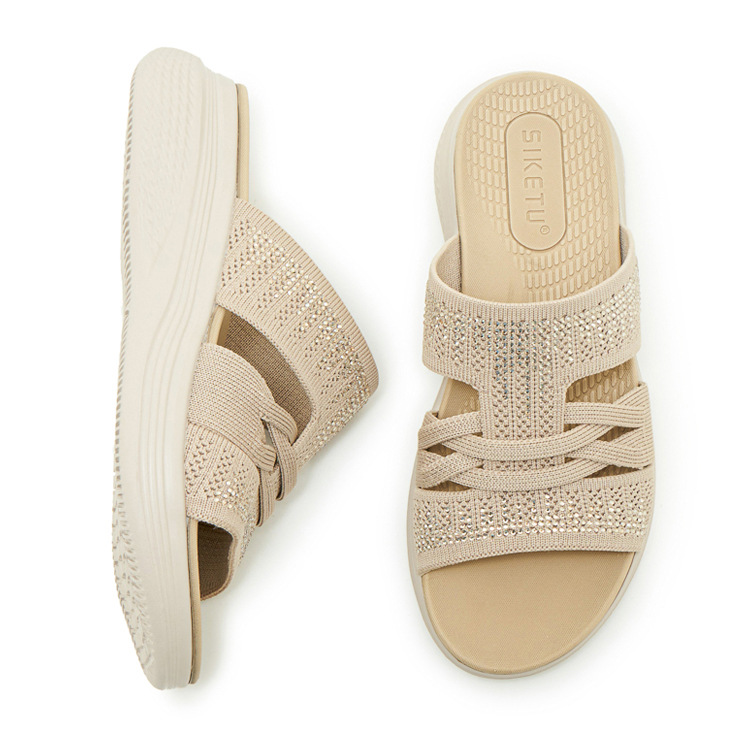 Dép sandal nữ xỏ ngón đế bệt đính đá lấp lánh — màu nâu, màu đen, xanh lam, màu mơ chi tiết 37