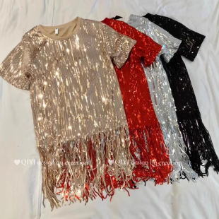 New costume sequins tassel sequins Latin dance 2025 new tassel dress women's women's short sleeve