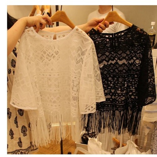 Summer Women's New Korean Style Plus-Size Tassel Lace Shirt Loose Round Neck Blouse Transparent Hollow Short-Sleeved Top