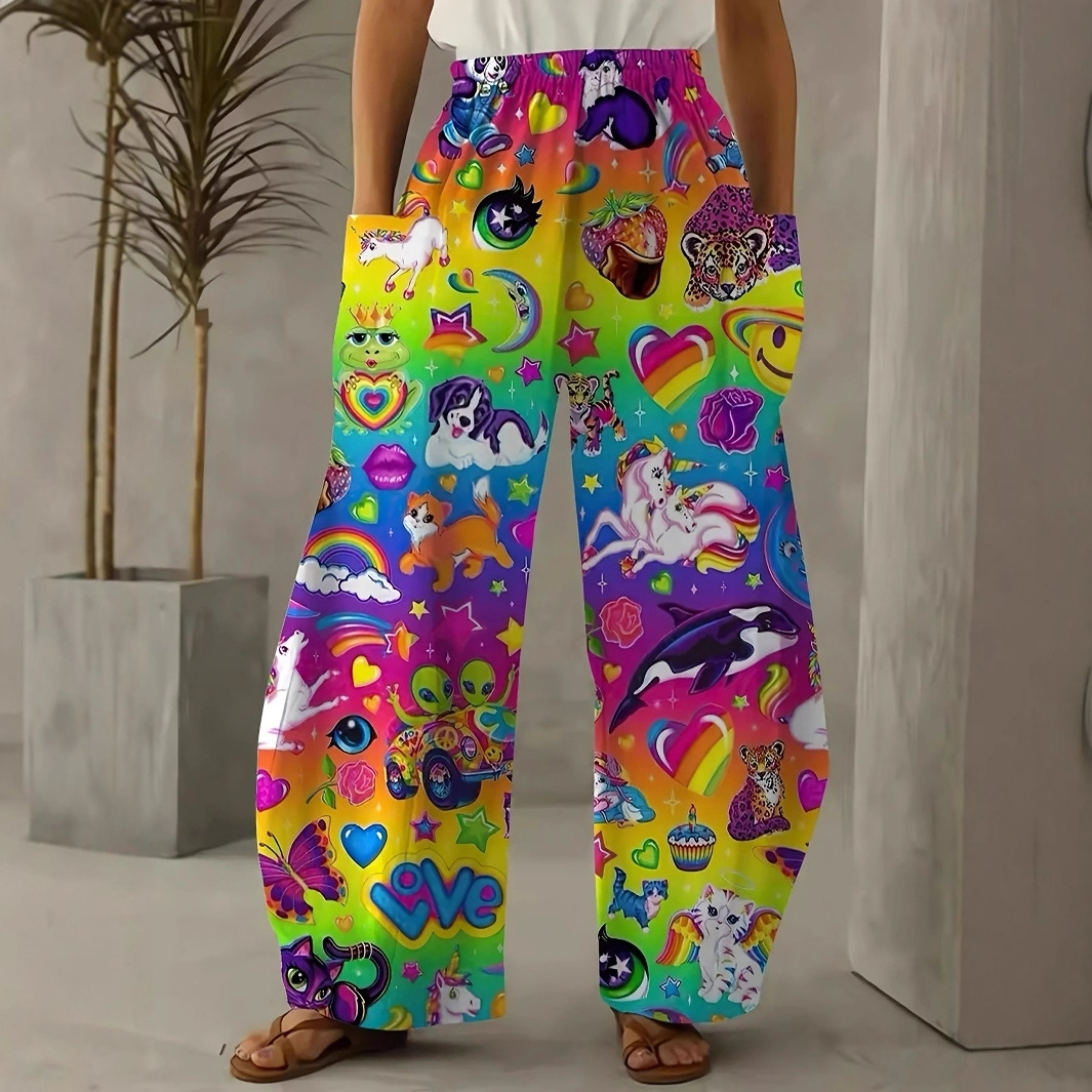 유럽과 미국의 대외 무역 컬러 만화 프린트 와이드 팬츠 - 기발한 화려한 무지개 디자인