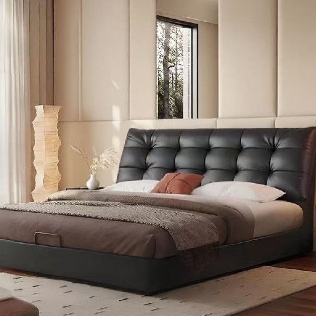 New Italian-Style Large Black Bear Genuine Leather Solid Wood Double Bed Modern High-End Small Apartment齐边 Storage Soft-Packed Large Wedding Bed