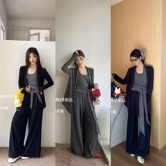 新款辣妹条纹挂脖修身系带背心+开衫+松紧紧休闲裤三件套