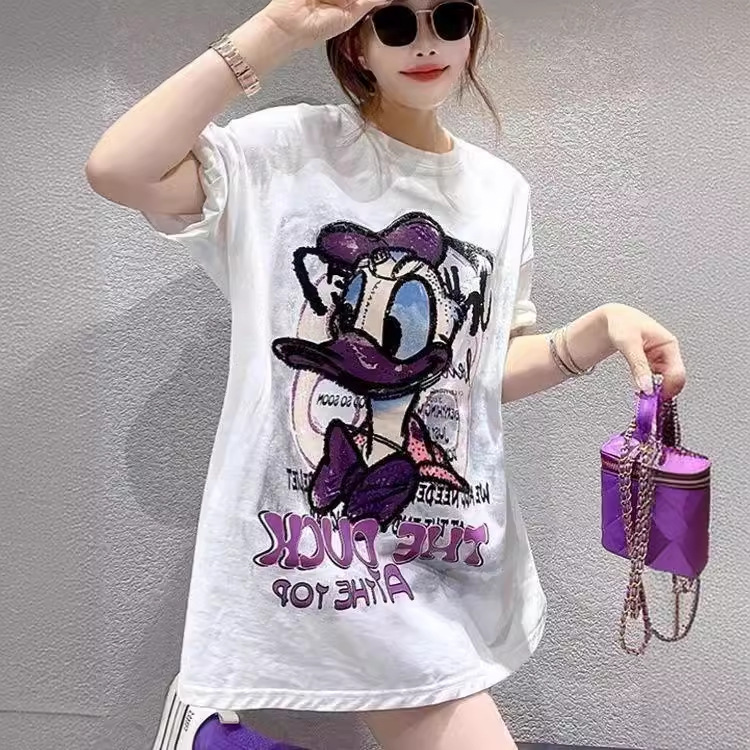 Estación europea Donald impreso camiseta de manga corta para mujeres 2024 verano nuevo estilo relajado delgado de moda casual image 6
