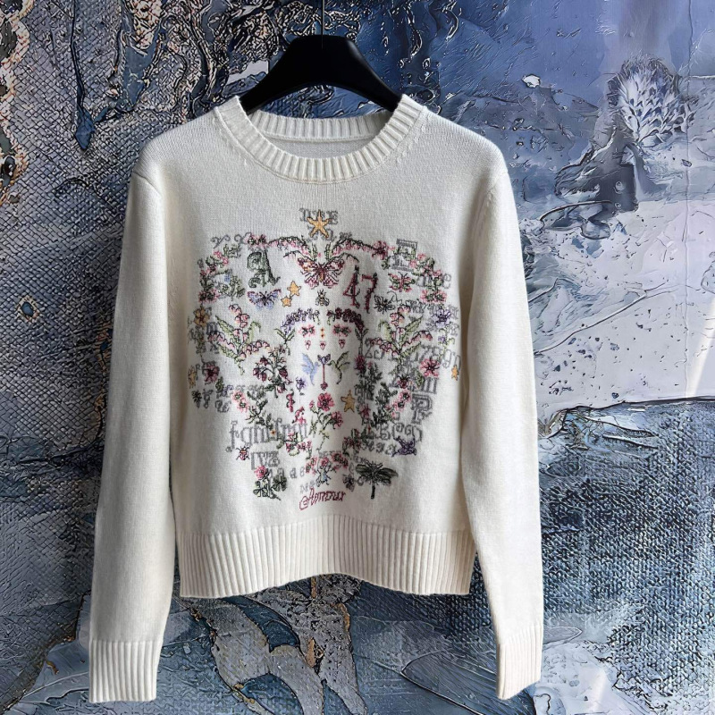 Nanyou High-End Autumn/Winter New Knitted Sweater Round Neck Pullover Long Sleeve Plant Bud Embroidery Top Youthful Casual Style