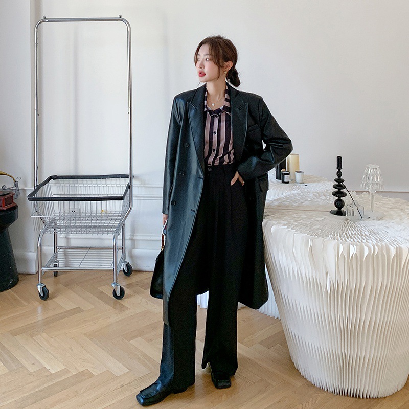 Real Shot of Black Suit Long Jacket for Women in Spring, with A Sense of Luxury and Slimming Waist. Goddess PU Leather Clothing Trend_voghion.com