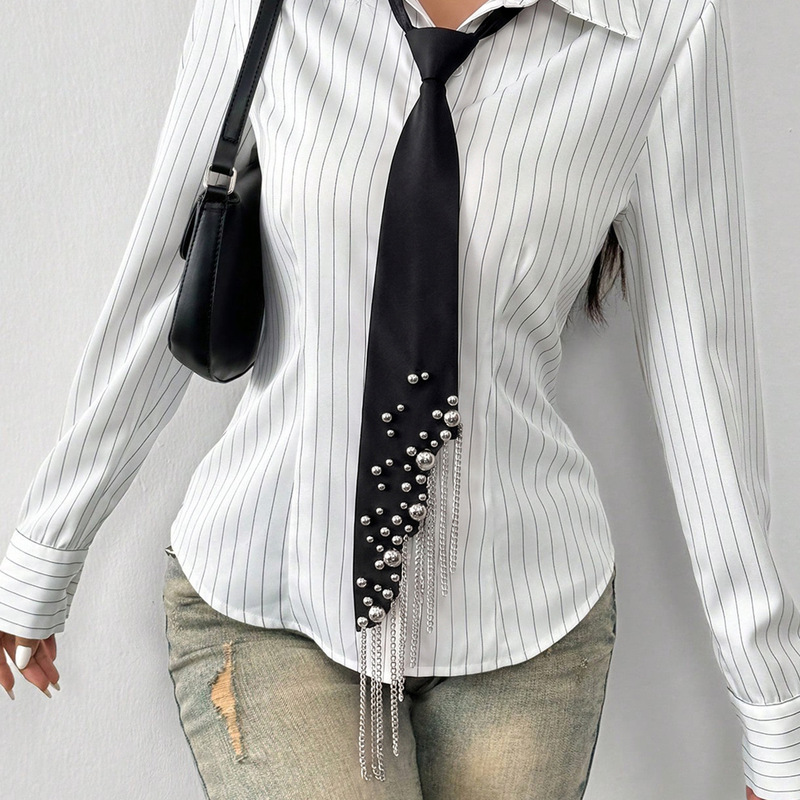 Cross-Border Women's Pearl Tie, Women's Shirt with Black Rhinestone Tie, No-Tie Lazy Tie for Ladies Cross-Border Women's Pearl Tie, Women's Shirt with Black Rhinestone Tie, No-Tie Lazy Tie for Ladies