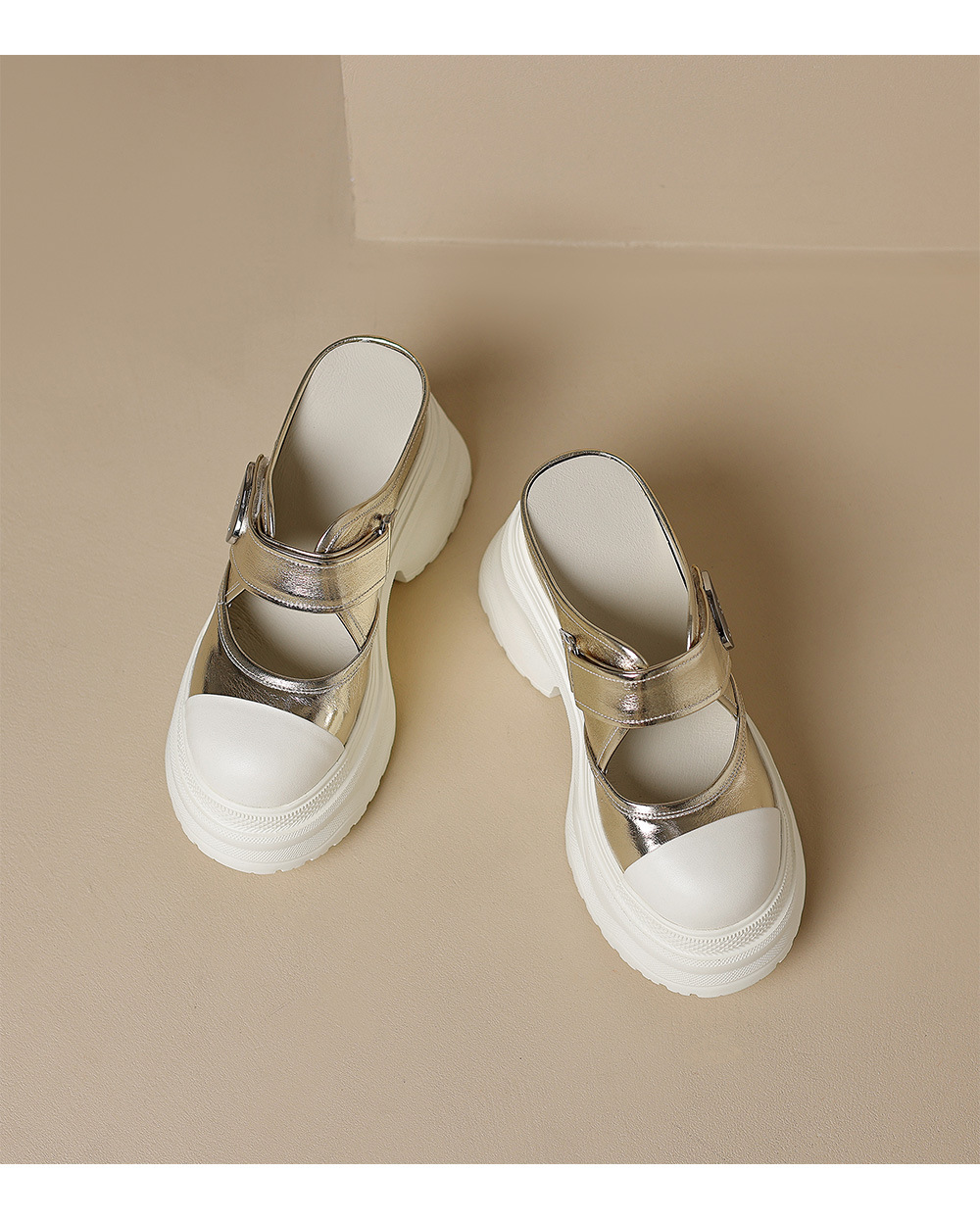 Dép lê đế dày 12cm nữ bít mũi phối màu quai Velcro — Màu vàng trắng, Màu trắng bạc chi tiết 12